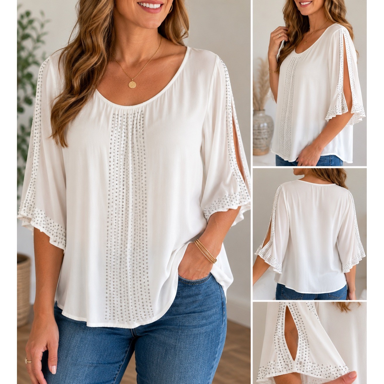 Jennifer Lopez White Studded Split Sleeve Blouse XL Scoop Neck Cold Shoulder Top