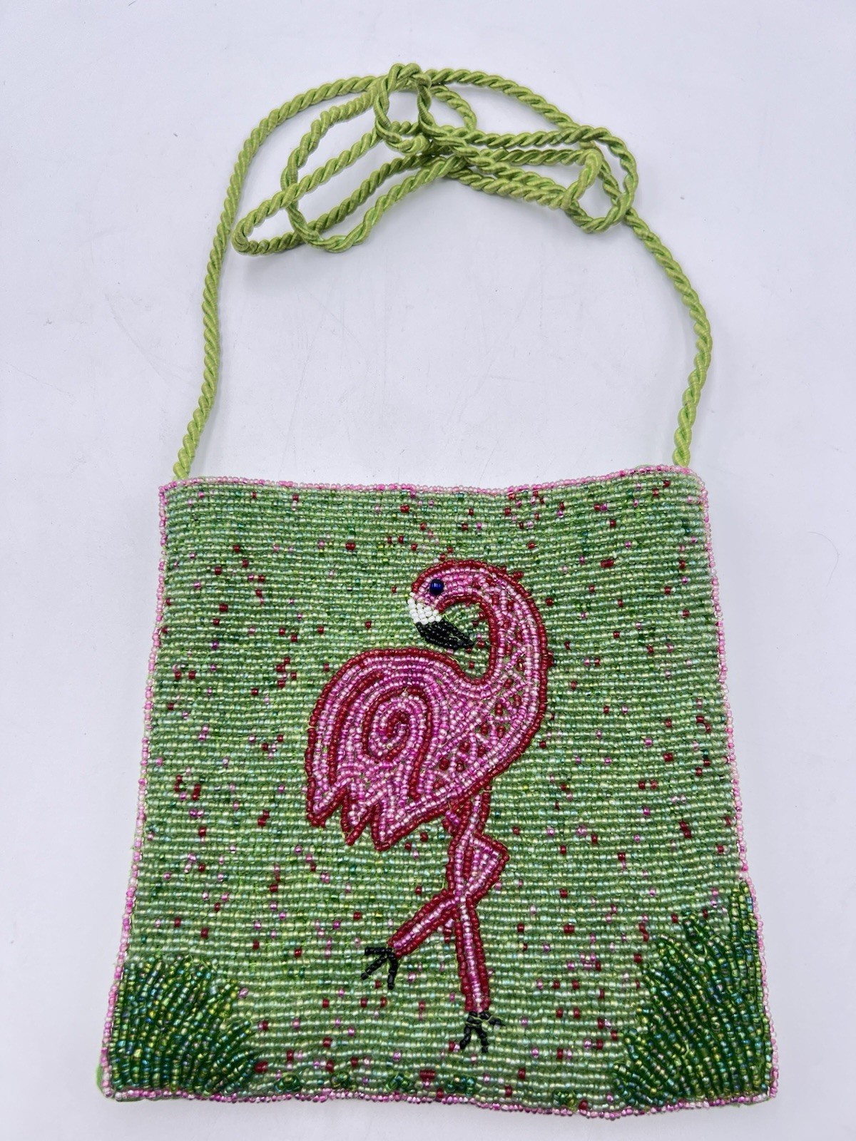 Bamboo Trading Flamingo Beaded Cross Body Handbag Purse Corded Strap Pink Green