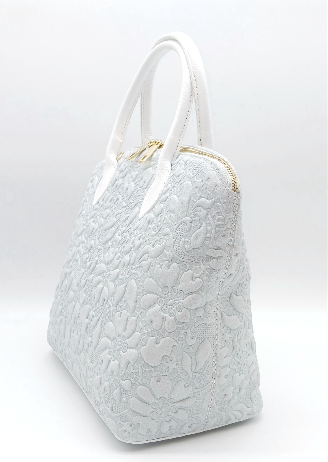 Light Gray Italian Genuine Leather Floral Embossed Handbag Satchel Made In Italy
