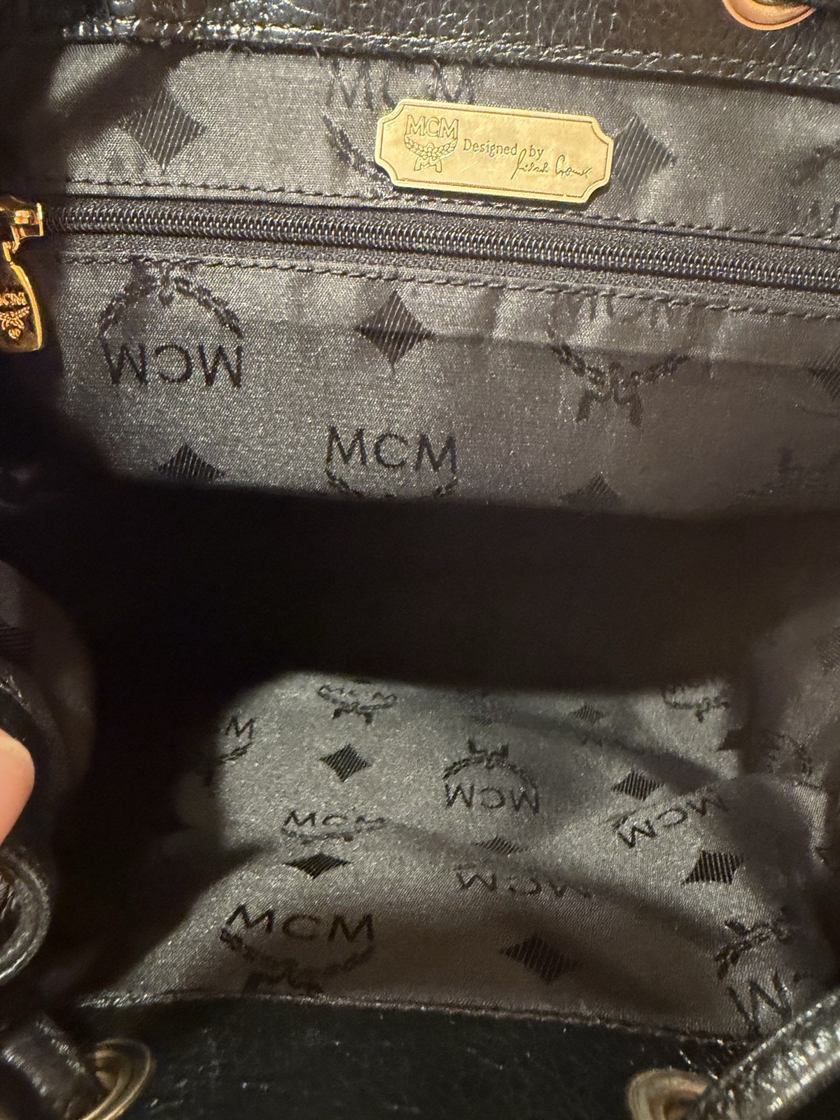 MCM Black Drawstring Backpack, Magnetic Closure, Gold Hardware, Dust Bag