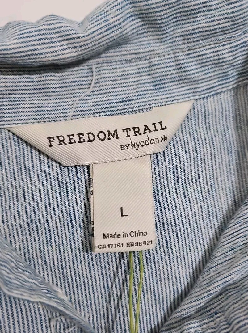 NWT Freedom Trail By Kyodan Large Shirt Dress Linen Blend Pinstripe Blue White