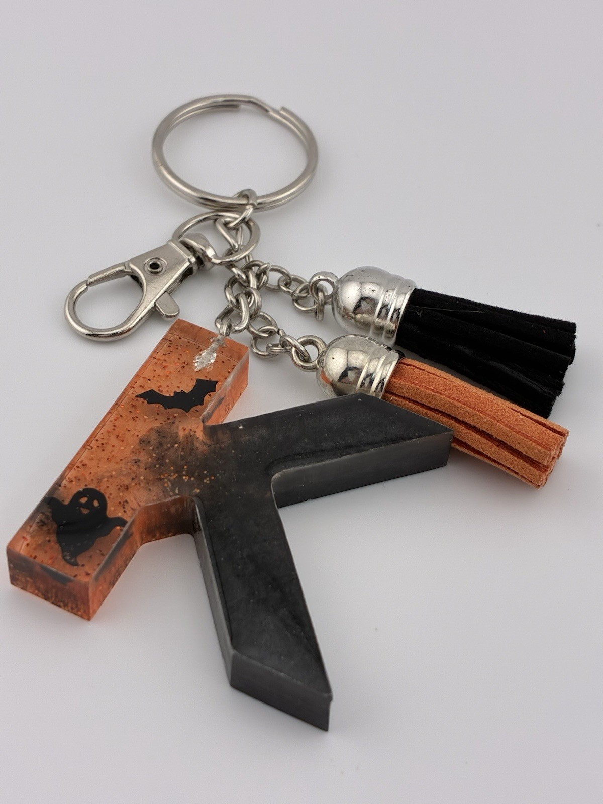 Handmade Halloween Letter K Resin Keychain Black Orange Bat Ghost Tassels New