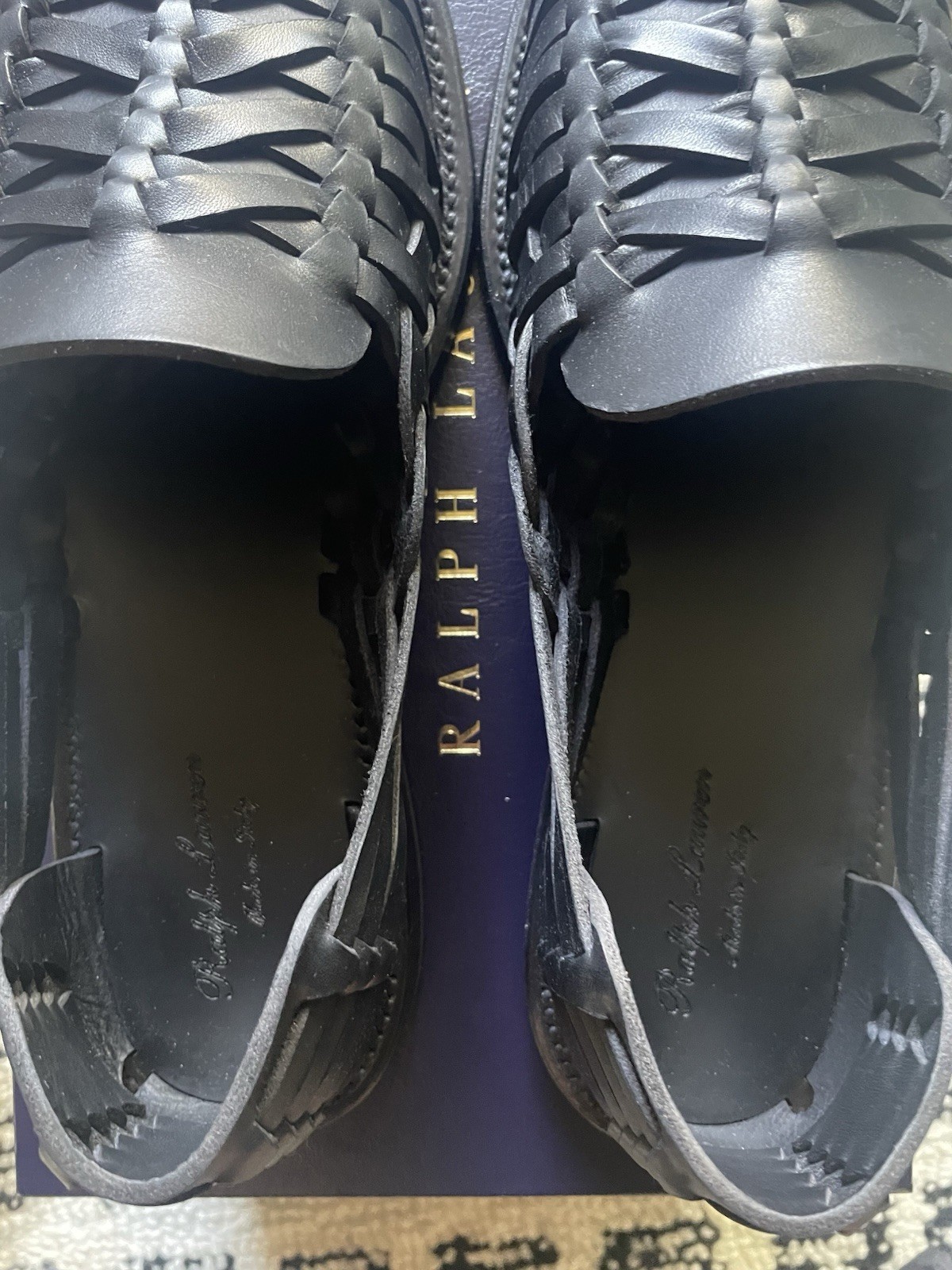 Ralph Lauren Purple Label Loafer Black Leather Woven Slip-On Men’s US 8