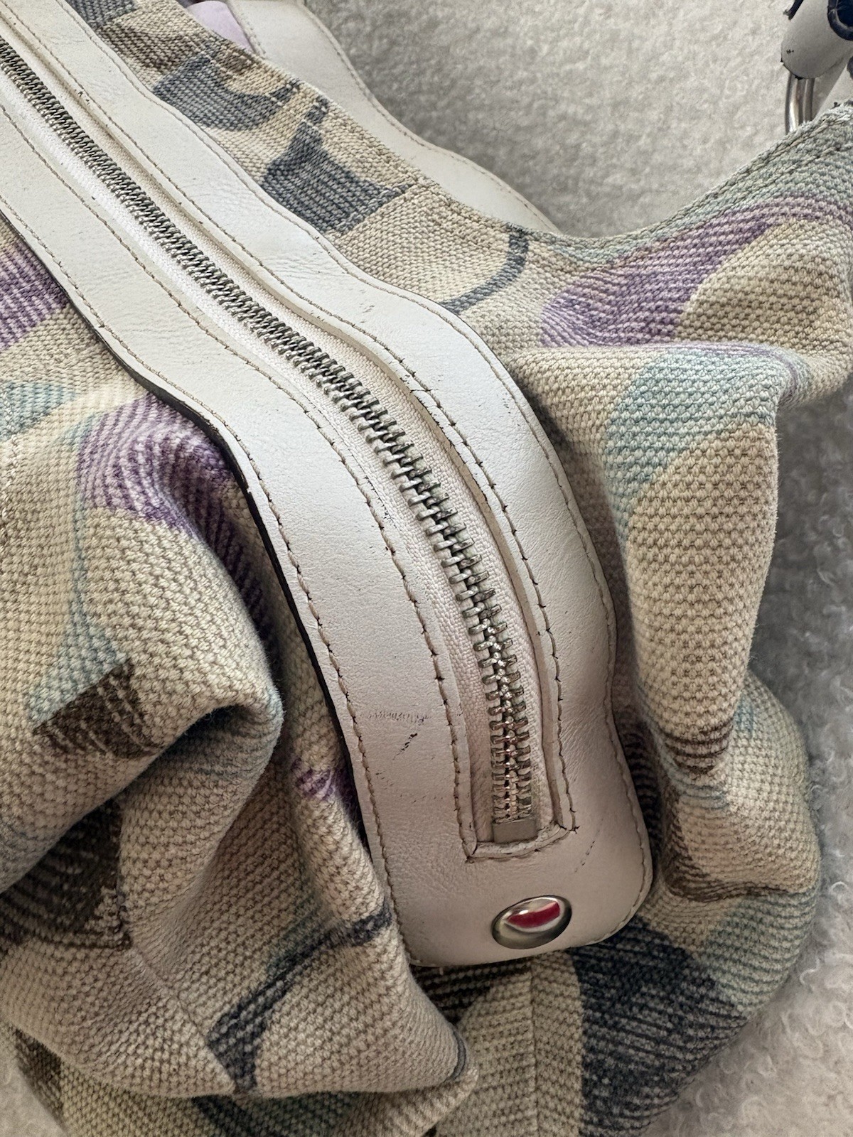Coach Logo Pattern Shoulder Bag Beige/Blue/Gray Zip & Buckle, Silver, Purple