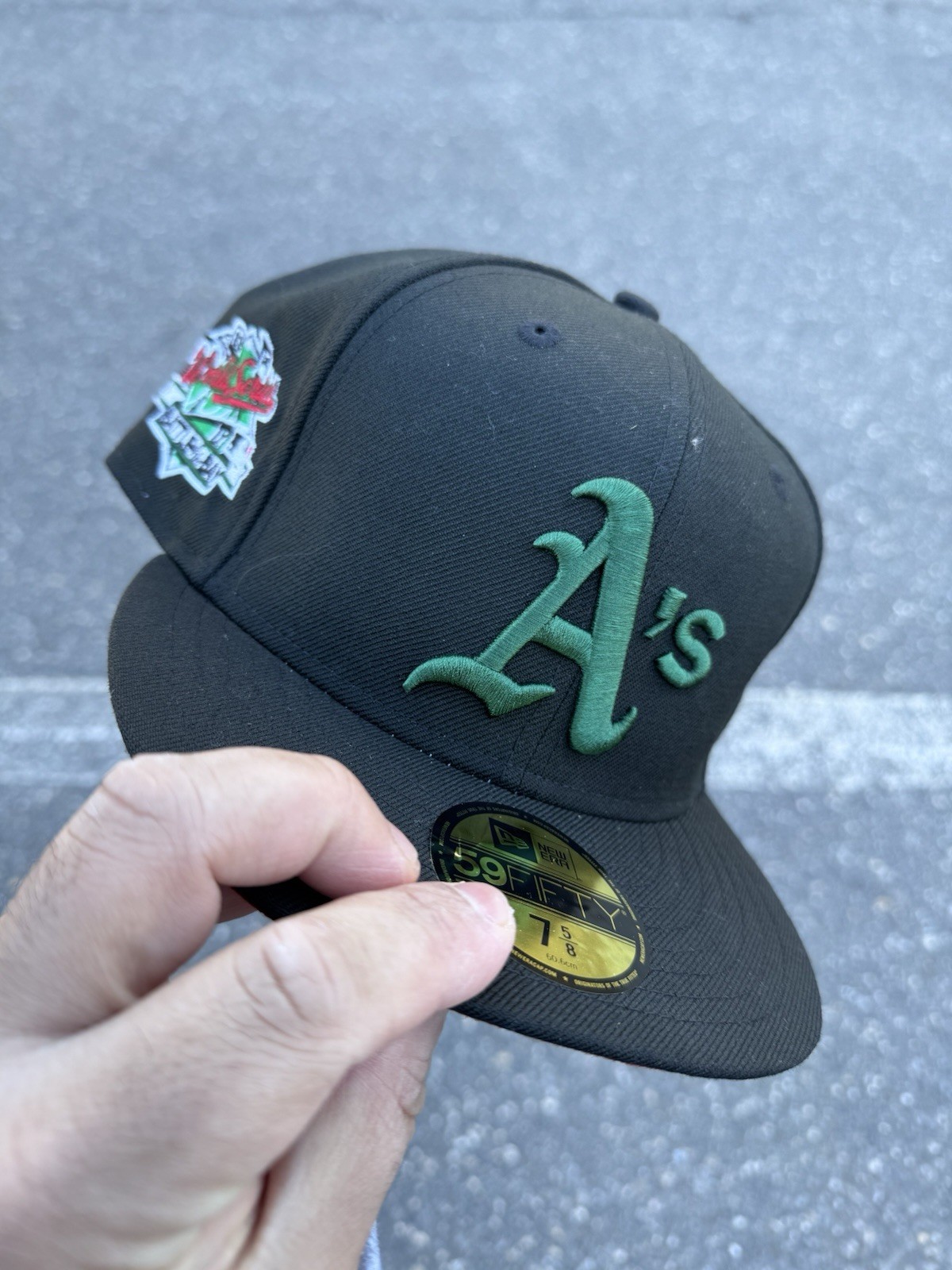 NEW ERA OAKLAND ATHLETICS 59FIFTY FITTED HAT A’s BLACK GREEN 1989 WS PATCH RED