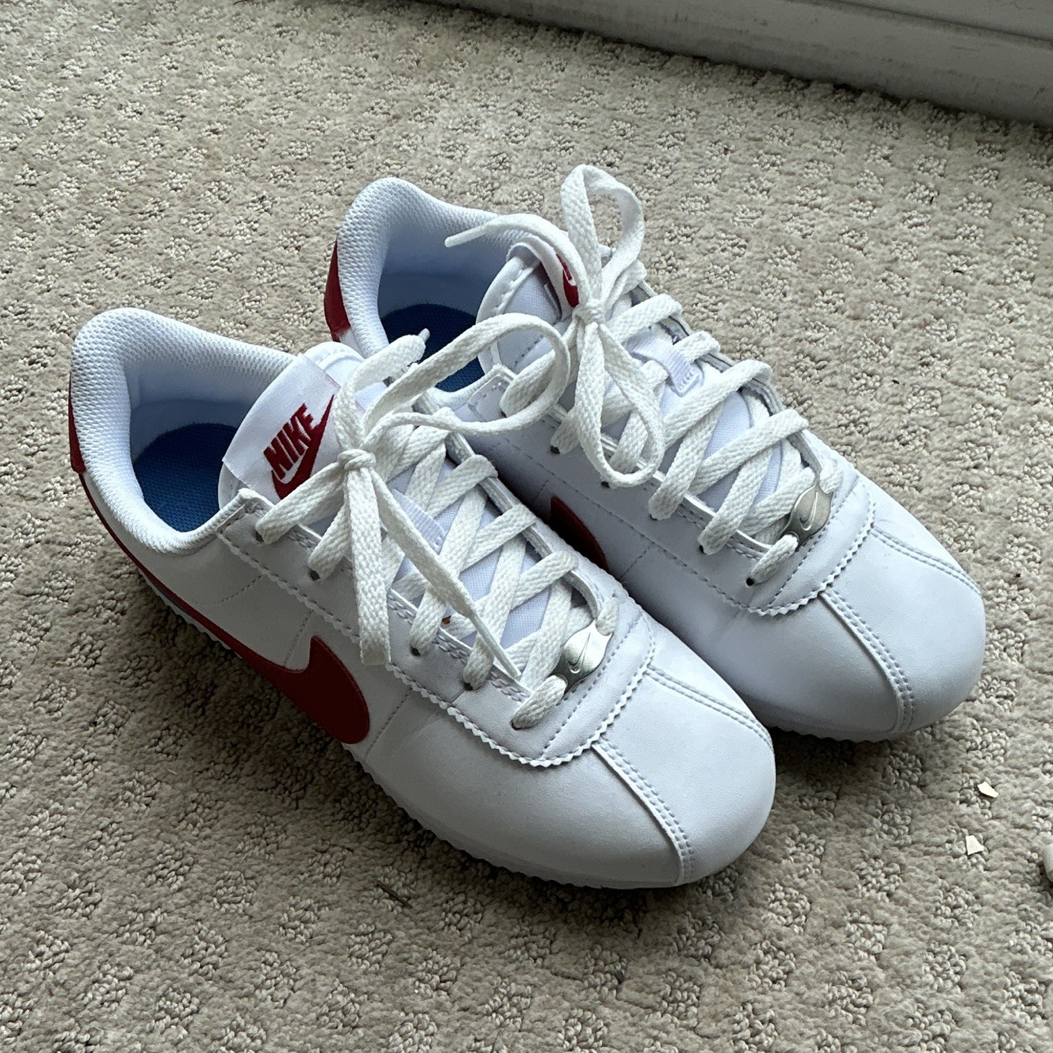 Nike Cortez Kids 4.5Y White/Red/Blue Leather Low Top Lace-Up Sneakers
