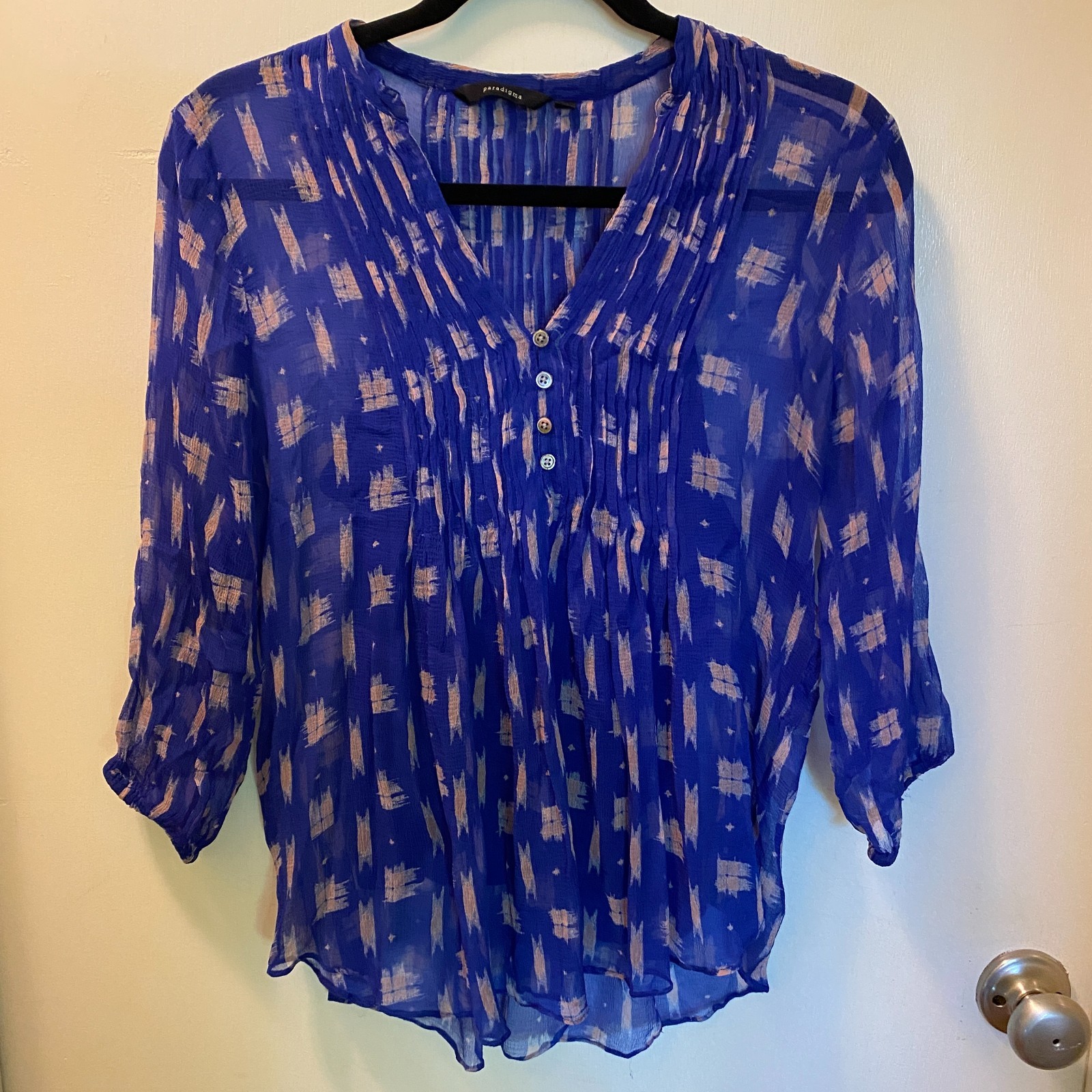 Paradigma Sheer Blue Blouse Small Silk Look Ikat Print Tunic Top w/ Cami