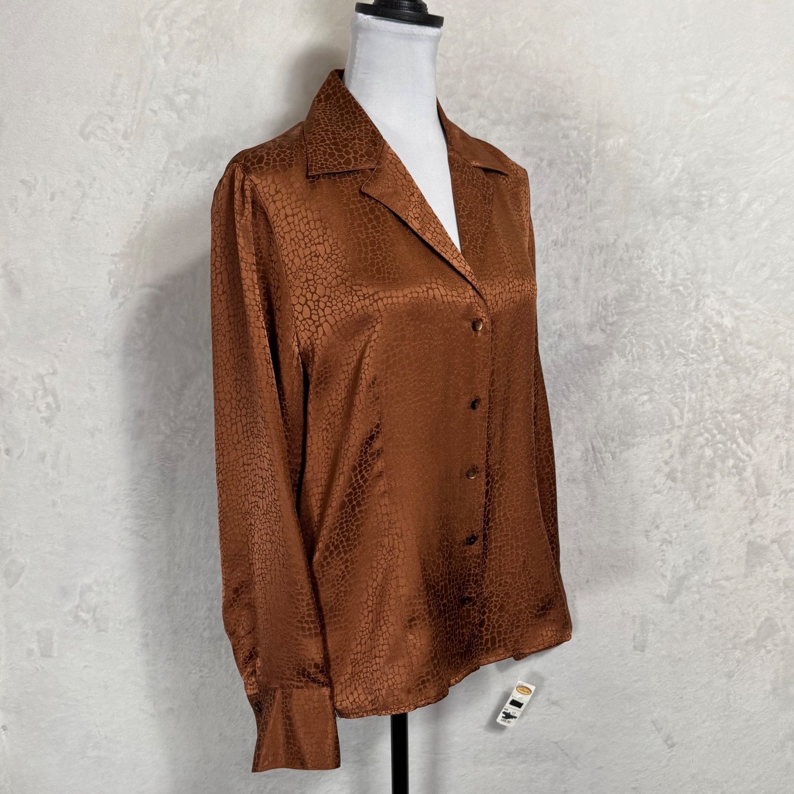 NWT Vintage Talbots 100% Silk Blouse Bronze Copper Top Sz 12 Career Monochrome