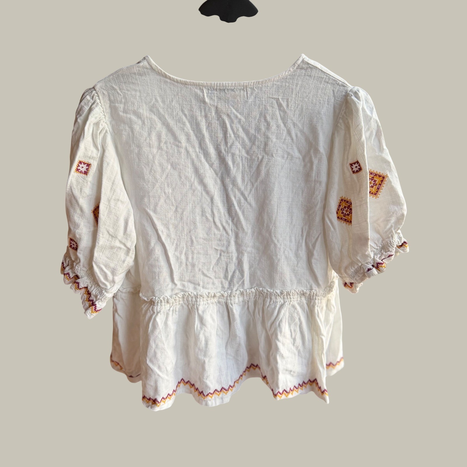 Petal & Pup Dawston Top White Embroidered V-Neck Boho Linen Blend Peplum Blouse