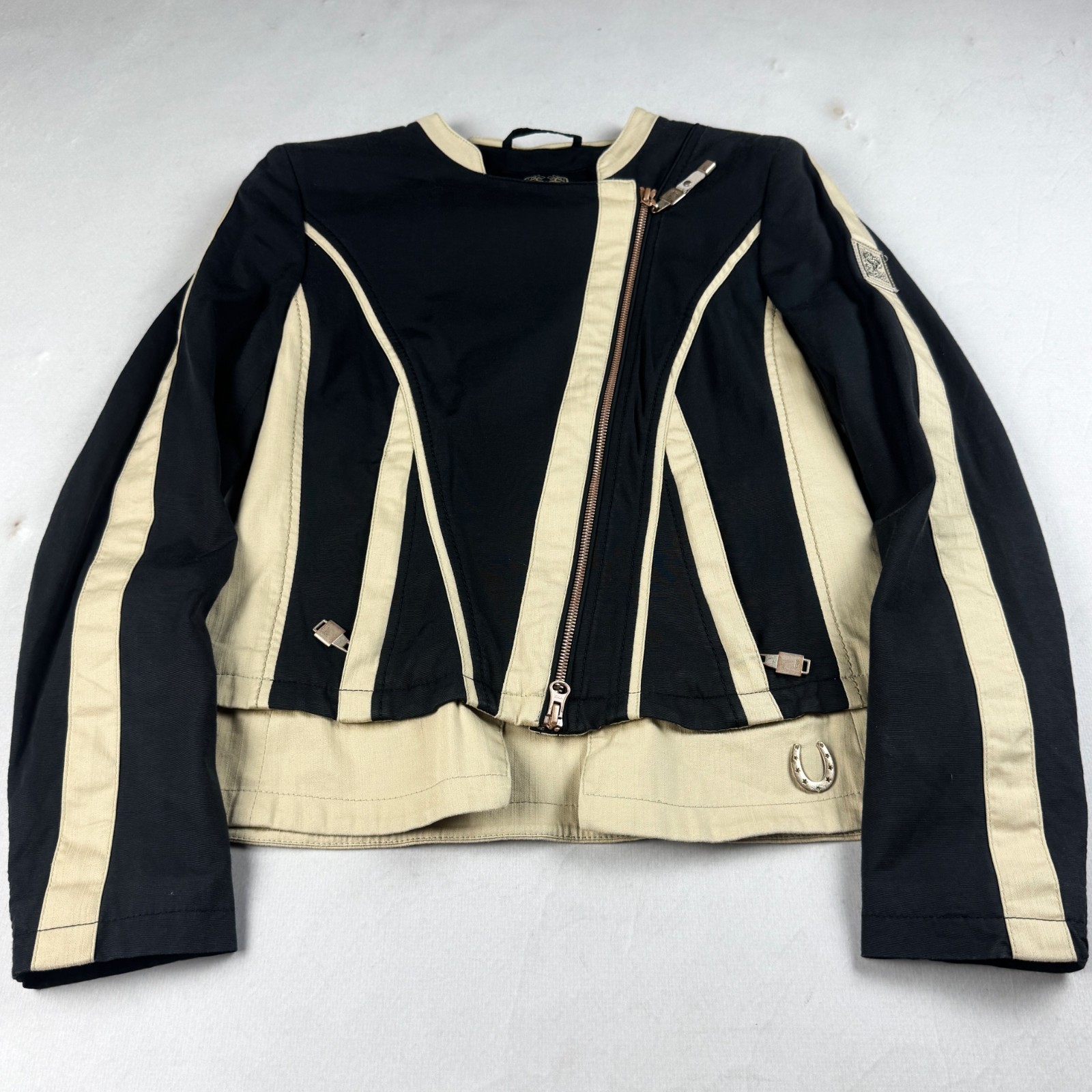 Womens Vintage Y2K Black Beige Contrast Jacket Asymmetric Zip Moto Racing Style