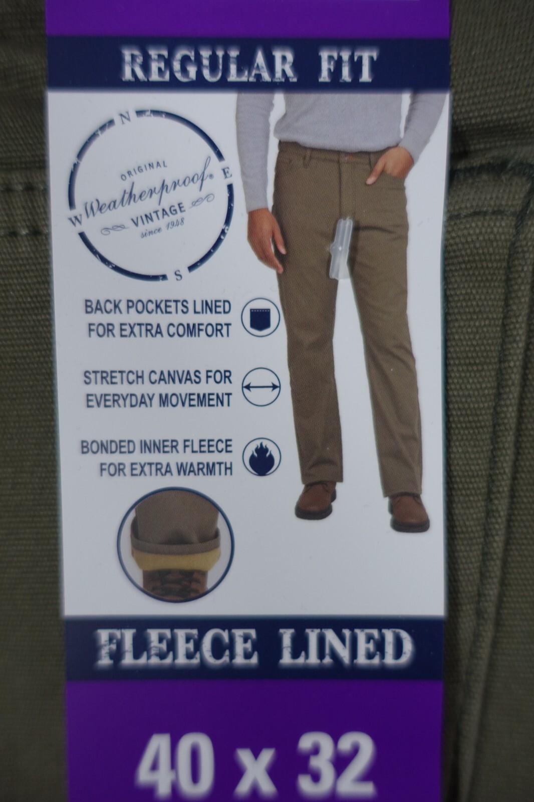 Weatherproof Vintage Men Fleece Lined Pant 40×32 Stretch Canvas Green