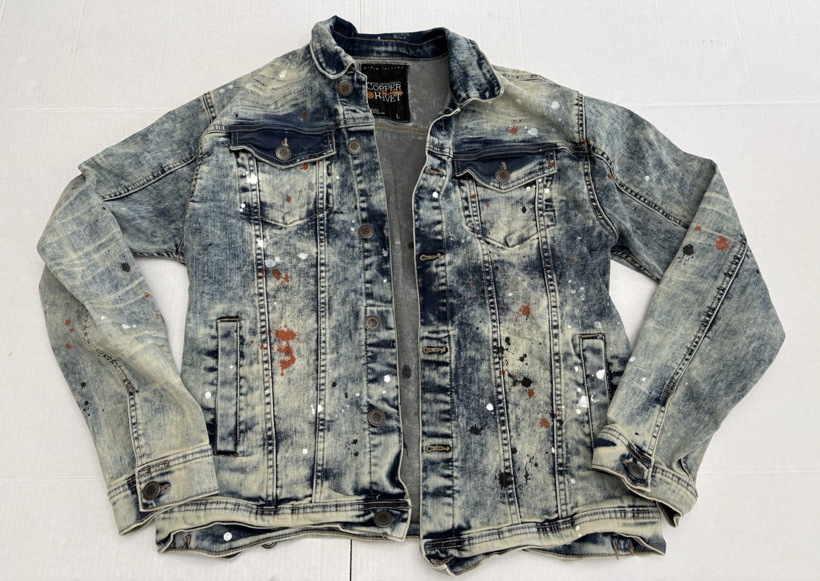 Copper Rivet Denim Factory Paint Splatter Graffiti Trucker Jacket Blue Mens L