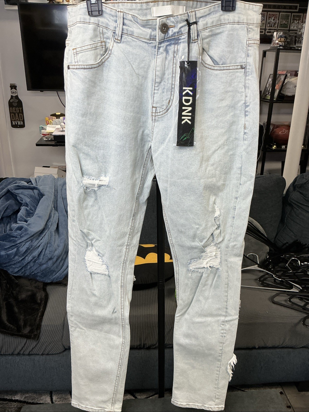 KDNK Men’s Light Blue Distressed Denim Jeans Stretch Cotton/Spandex Size 34