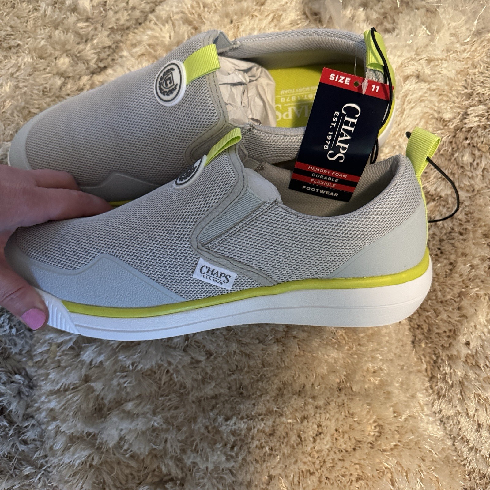 Chaps Gray Yellow Mesh Slip On Memory Foam Athletic Sneakers Low Top Men