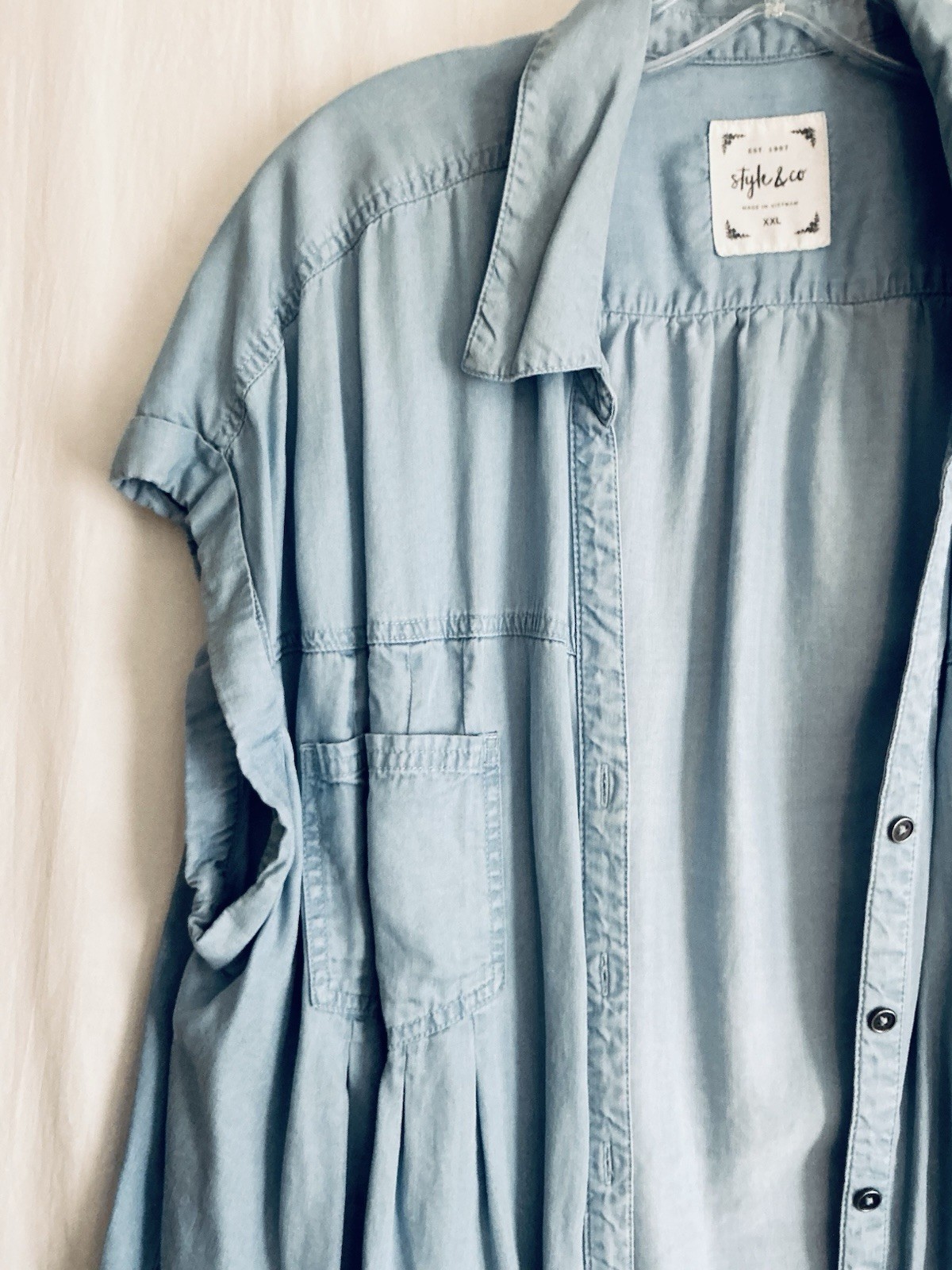 Style & Co XXL Blue Blouse Button Up Casual Cap Sleeve Pockets Collared Lyocell