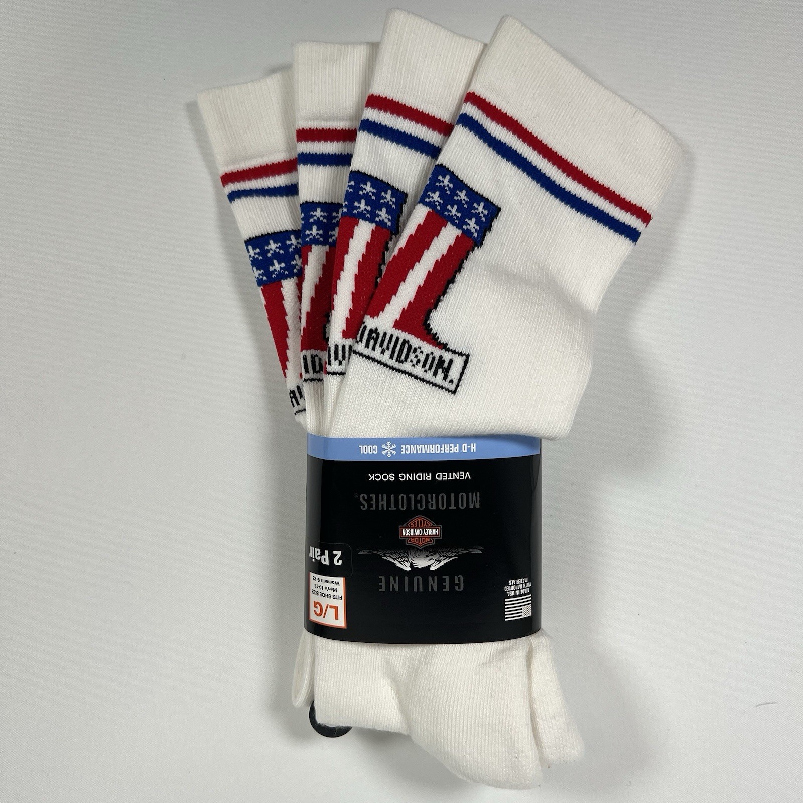 Harley Davidson Socks, Men’s Large, 2 Pair NEW! Made In USA White HD #1 Logo