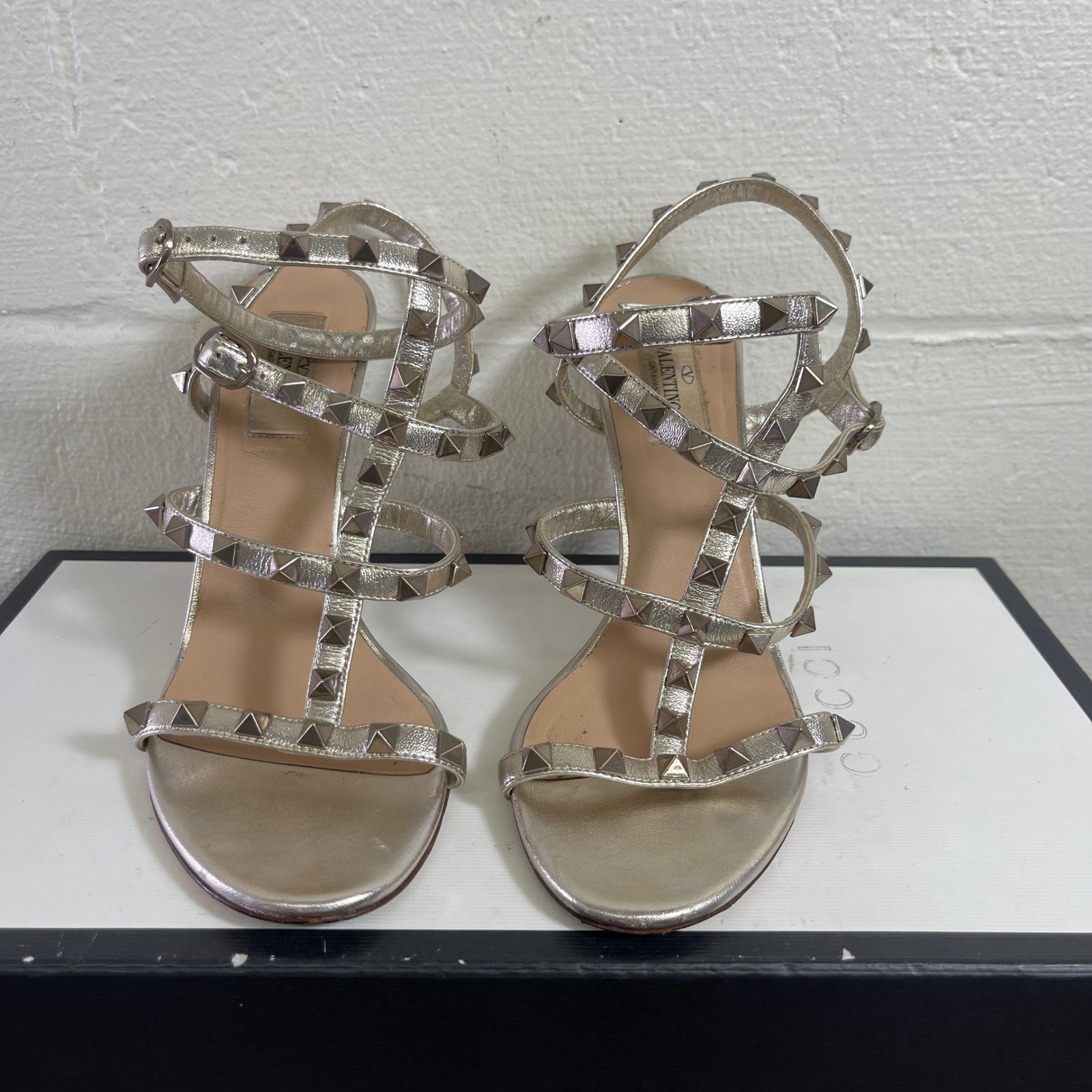 Valentino Garavani Silver Leather Rockstud Heels Sandals Women’s 37 EU/7 US