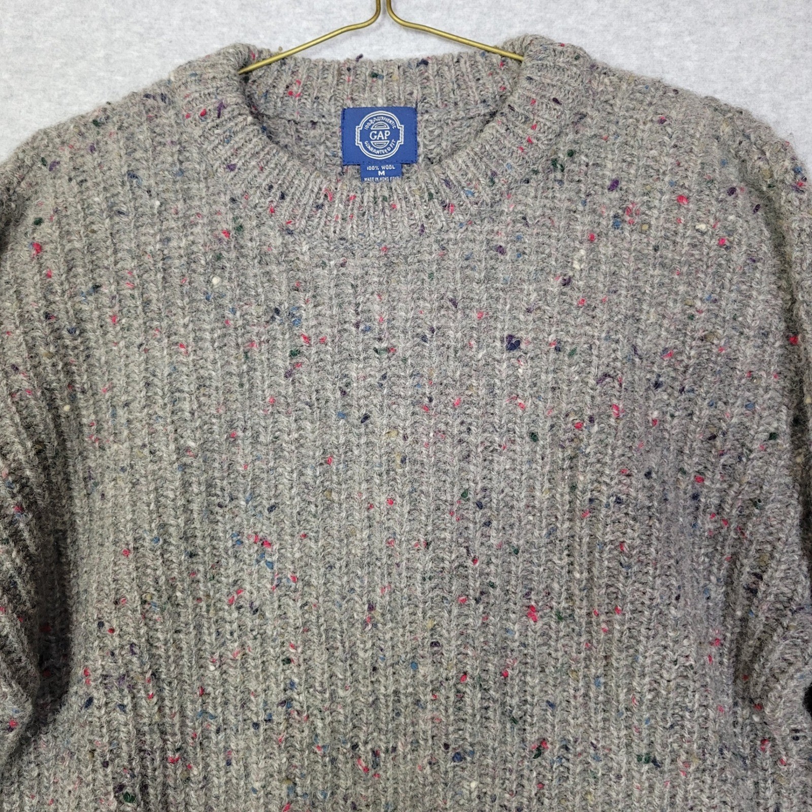 Vtg Gap Wool Sweater Mens Grey Donegal Fleck Ribbed Knit Crewneck Fisherman M