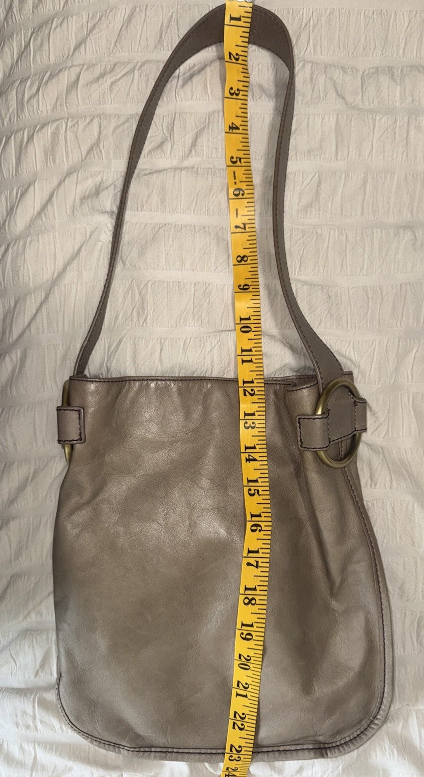 HOBO Genuine Leather Small Shoulder Bag Taupe Gray Brass Ring Slouchy Purse