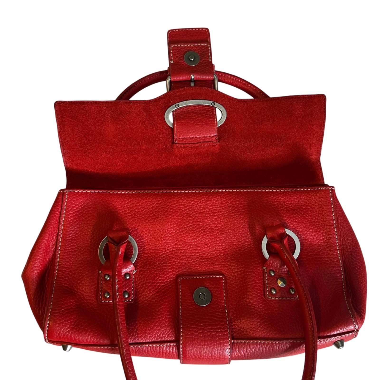 Cynthia Rowley Red Pebbled Leather Shoulder Bag Buckle Detail Silver Hardware