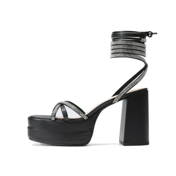 Burudani Womens Black Rhinestone Strappy Platform Block Heel Sandals Size 6.5