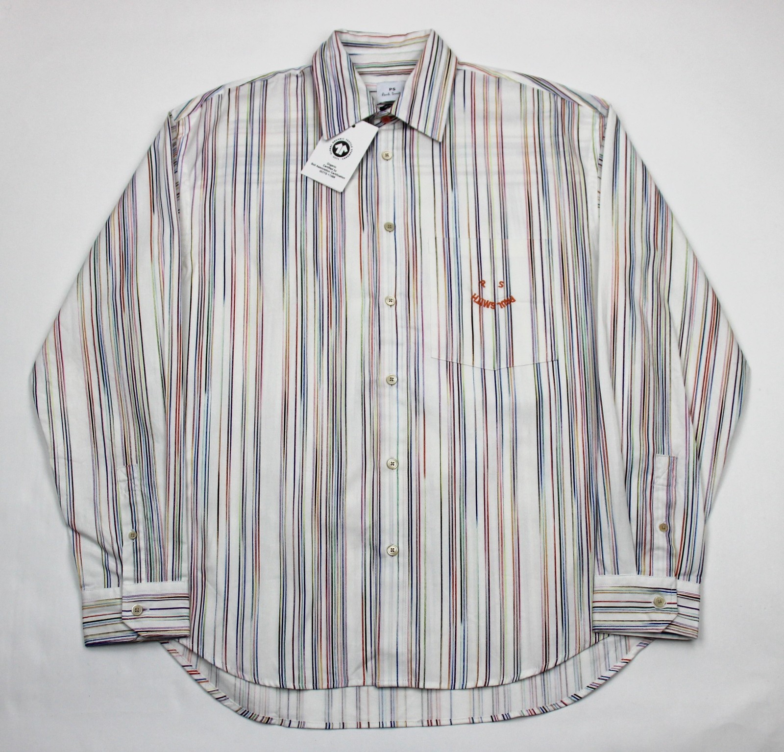 Paul Smith Shirt Mens Small White Multi Stripe Relaxed Fit Organic Cotton Logo