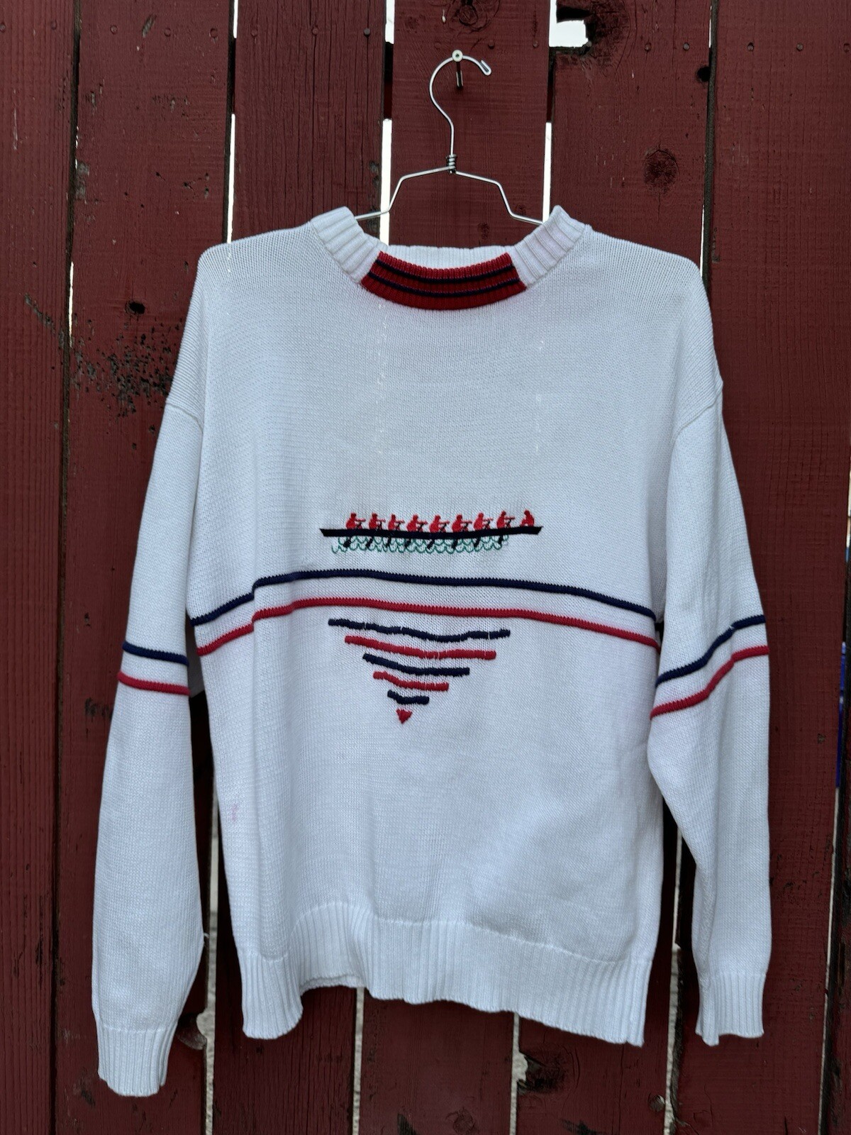 FLAWS Vintage Rowing Boat Knit Sweater Lake Preppy Nautical Summer 4th of July