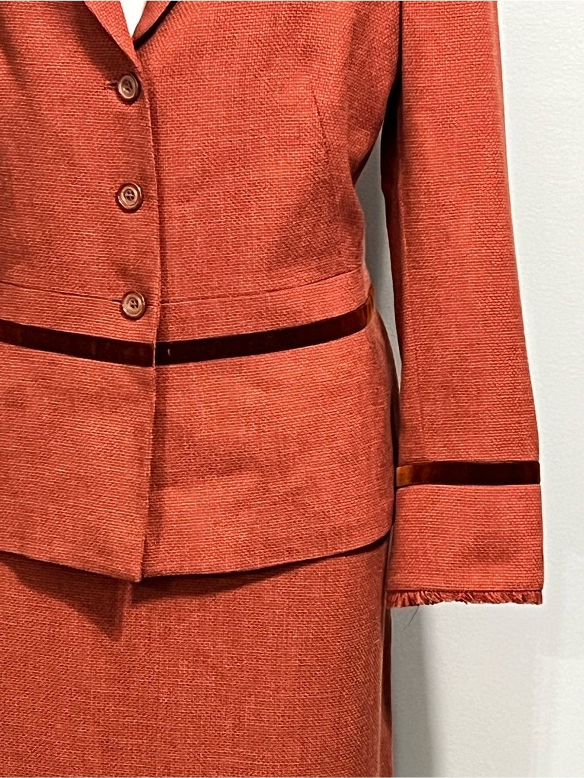 Kasper Two-Piece Skirt Suit 14/16 Rust Orange fringe/suede detail office Vtg