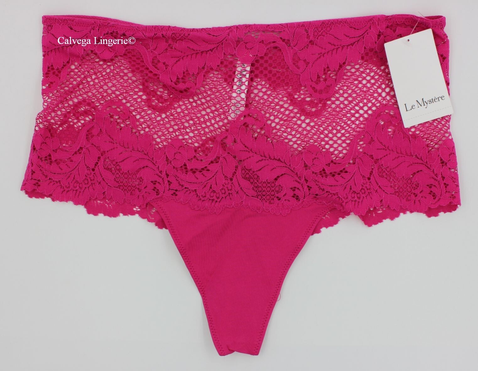 NWT Le Mystere 7946 “Lace Allure” Hi-Waist Lace / Fishnet Thong, Hot Pink