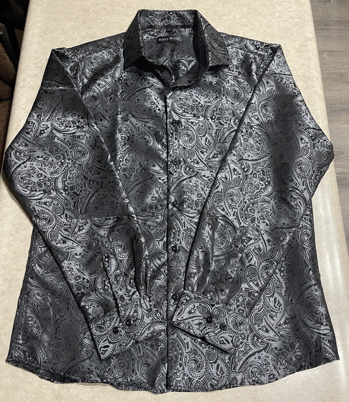 Barry Wang Men’s Black & Gray Paisley Silk Button Down Front Dress Shirt Sz M