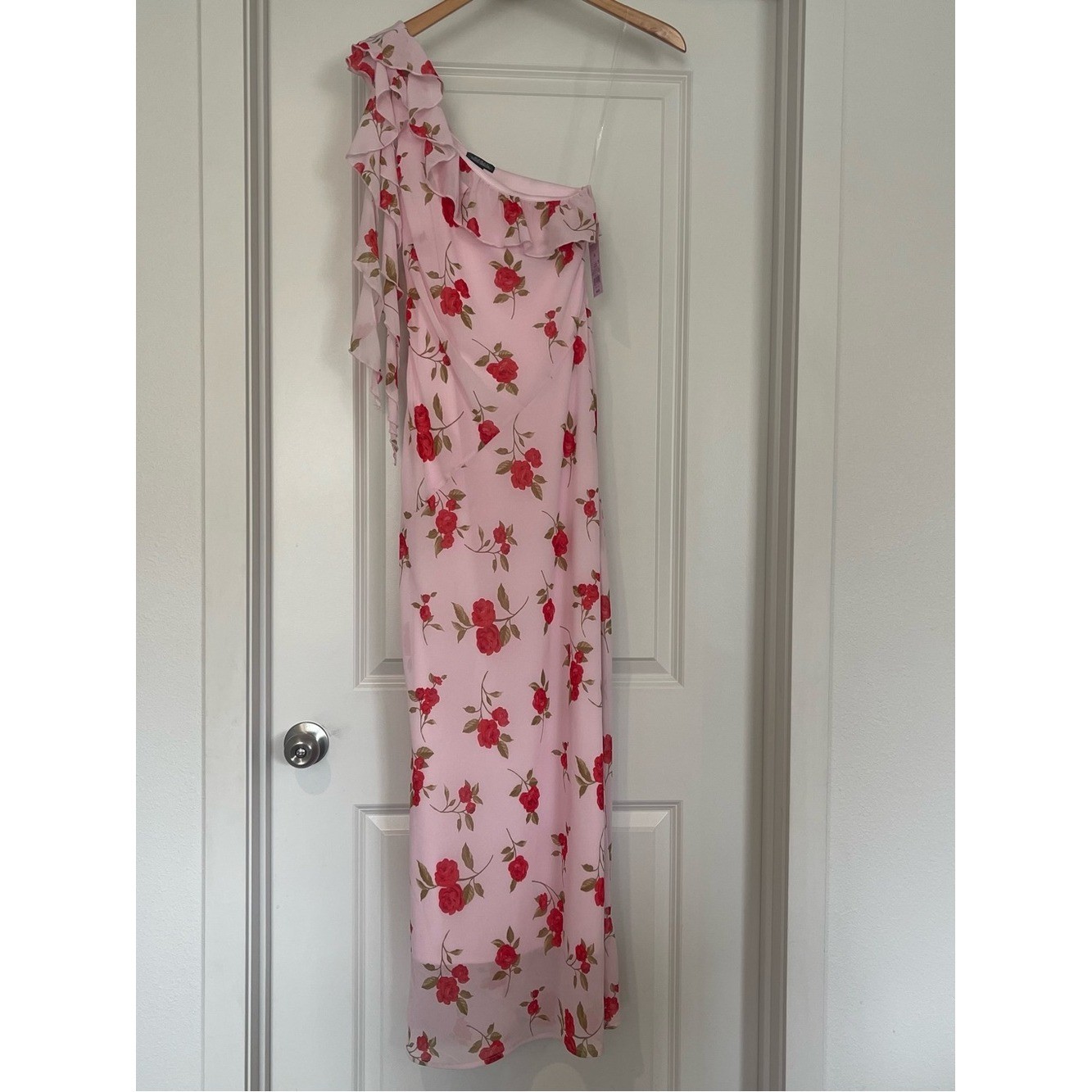wild fable Pink One-Shoulder Floral Ruffle Maxi Dress with Slit and Zipper NWT