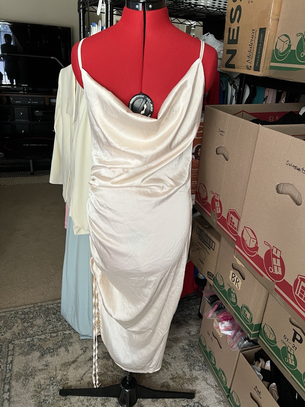 Lyaner Satin Cowl Neck Spaghetti Strap Wrap Skirt Midi Dress Size Large