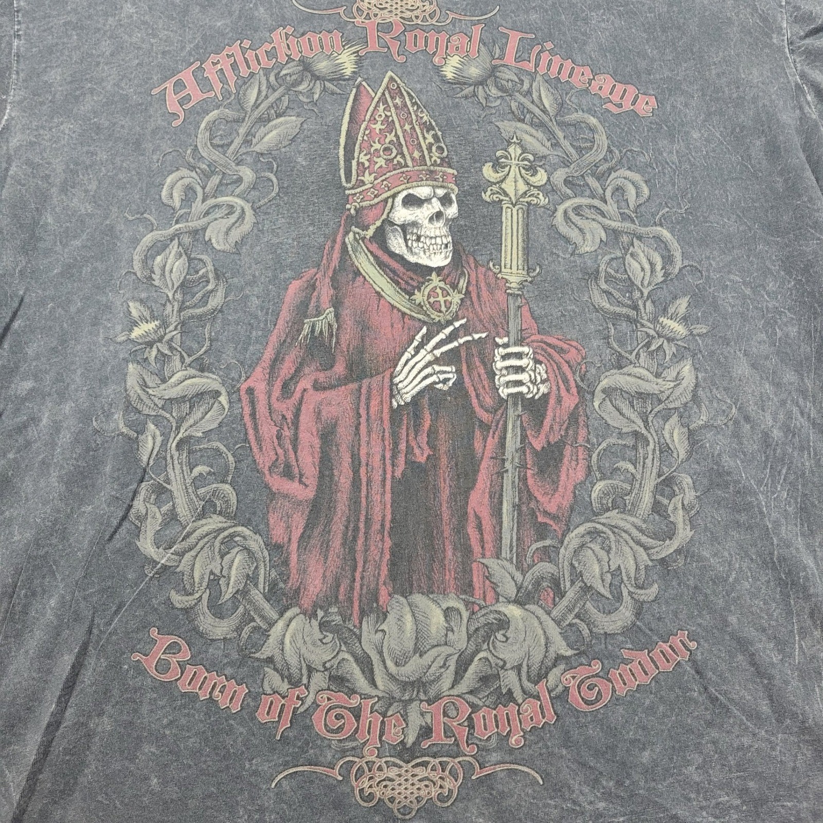 Affliction Mens Royal Lineage Large Gray Distressed Skeleton T-Shirt Tee Y2K