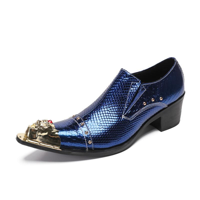 Men’s Metal Toe Mid Heel Rivets Wedding Snakeskin Pattern Splice Casual Shoes