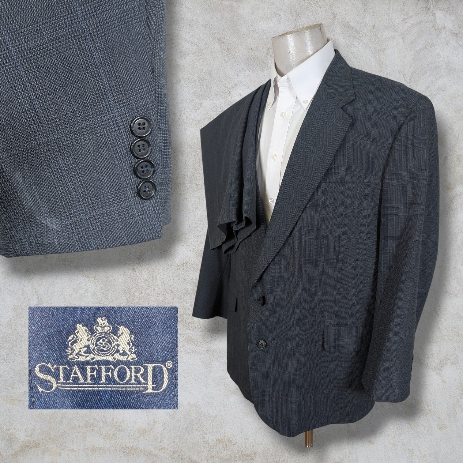 Stafford 2 Piece Suit Mens 48R Pants 42×30 Gray Check Plaid Tartan Blue USA Made