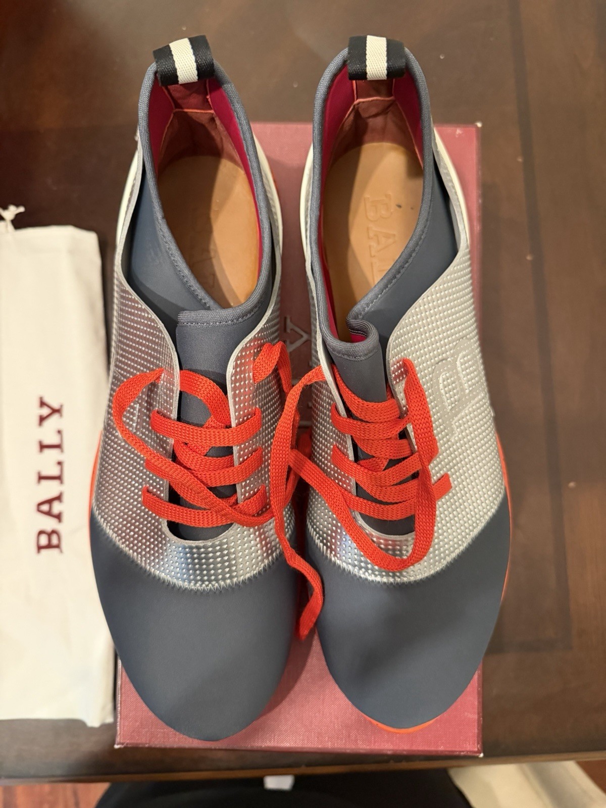 NIB BALLY AVRO-E SILVER LEATHER NEOPRENE LOGO LACE UP TRAINER SNEAKERS 11 US 44