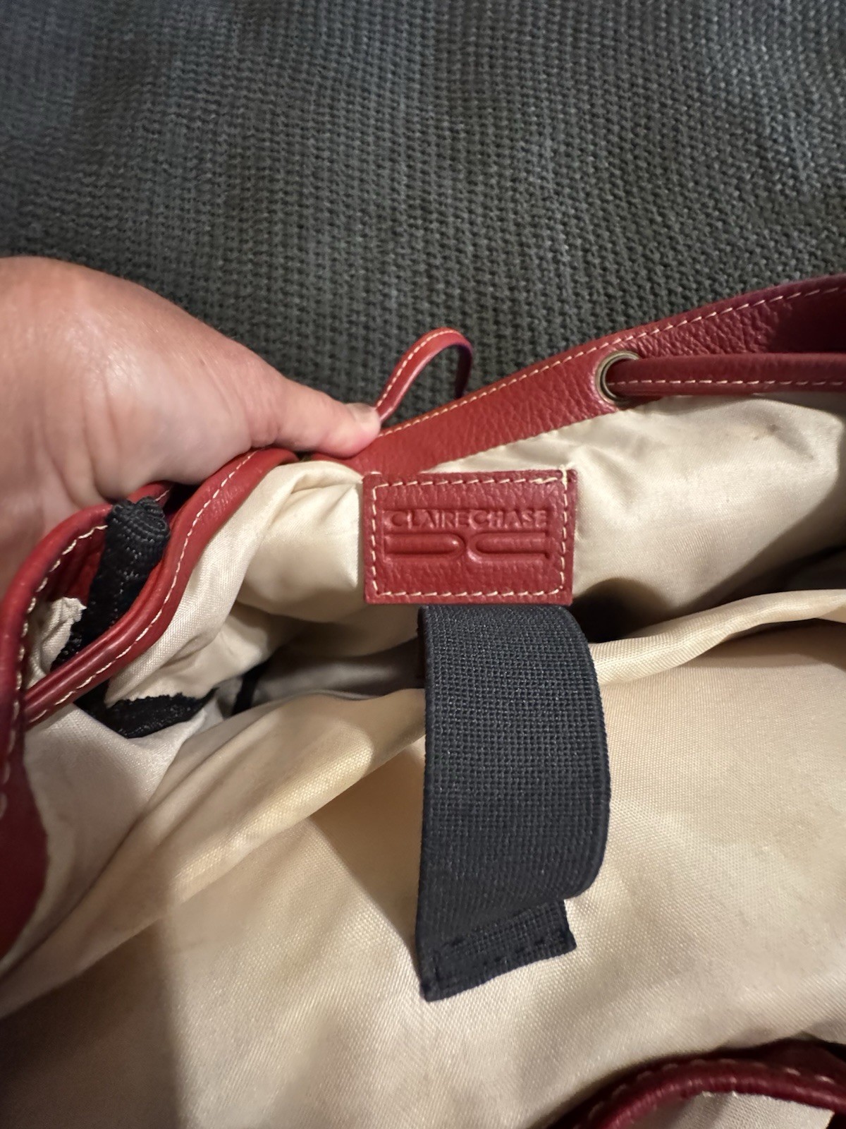 Claire Chase Red Pebbled Backpack Drawstring Flap Top Handle Detachable Strap