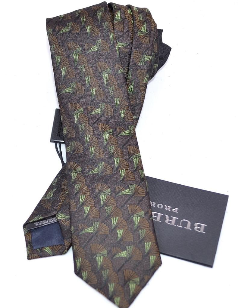 NEW BURBERRY PRORSUM $175 MID BROWN SILK FAN PATTERN SKINNY NECK TIE~ITALY