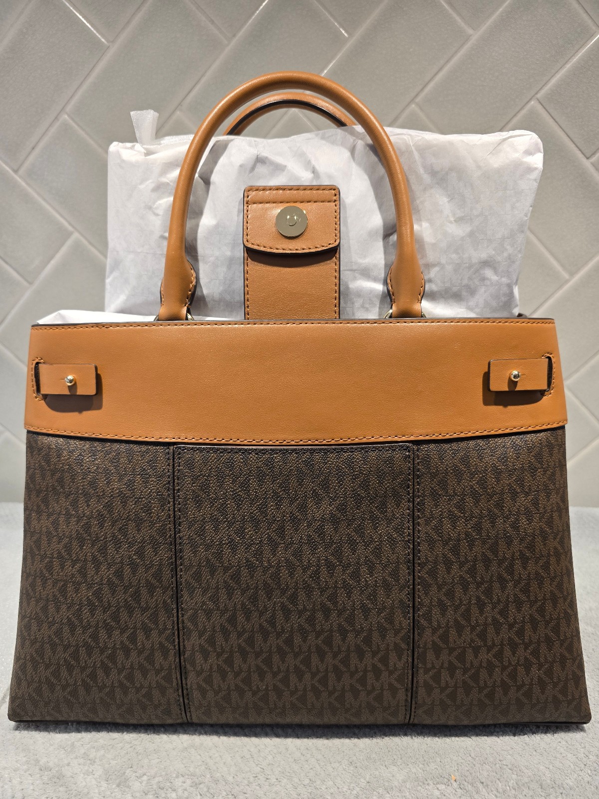 NWT Michael Michael Kors Gramercy Tan Leather/MK Logo Satchel w/ Nailhead Studs