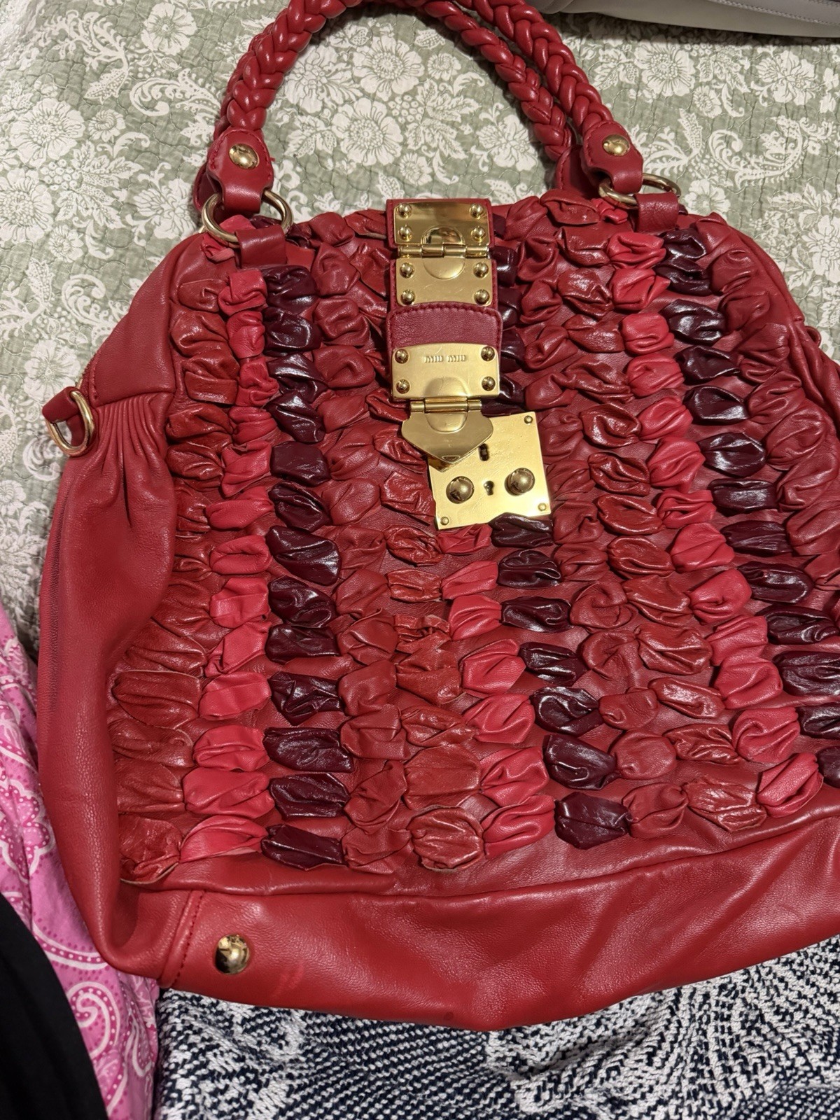 Miu Miu Red Satchel Top Handle Bag Braided Handles Gold Hardware Zip Push Lock