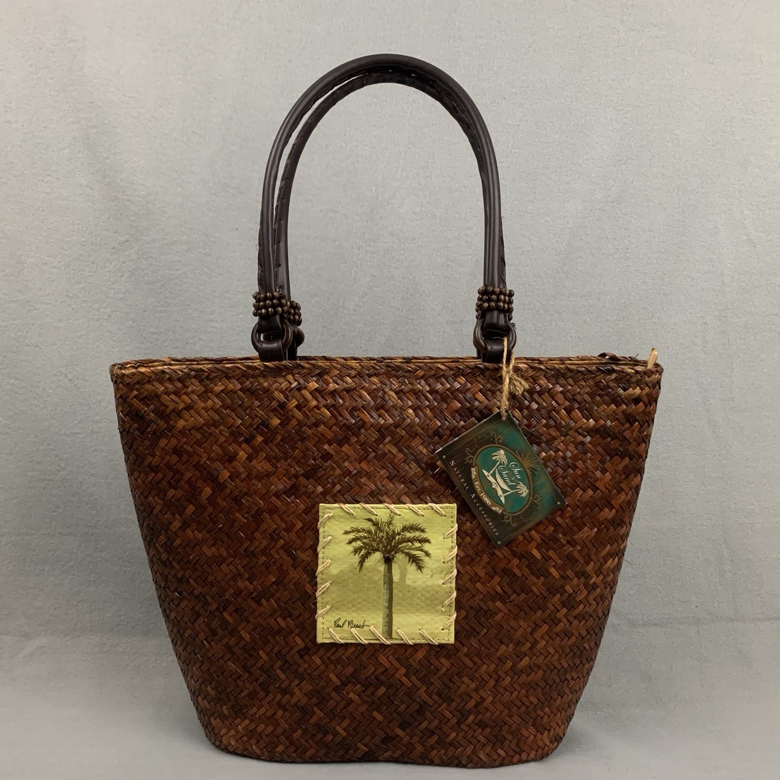 Sun N Sand Brown Woven Tote Beach Palm Tree Tropical Boho Handbag By Paul Brent