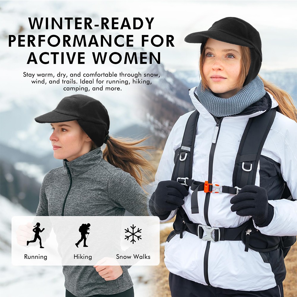 Winter Fleece Hat with Earflap Ponytail Hole Warm Cap fr Running Jogging Hiking