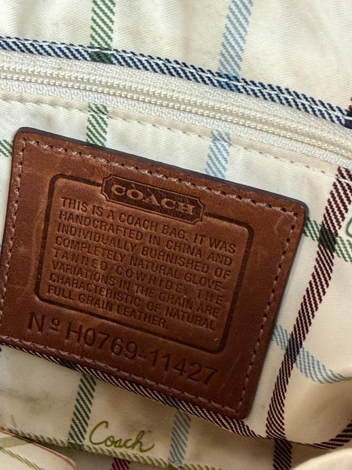 Coach Bleecker Legacy 11427 Cognac Leather Flap Shoulder Bag Tattersall Plaid