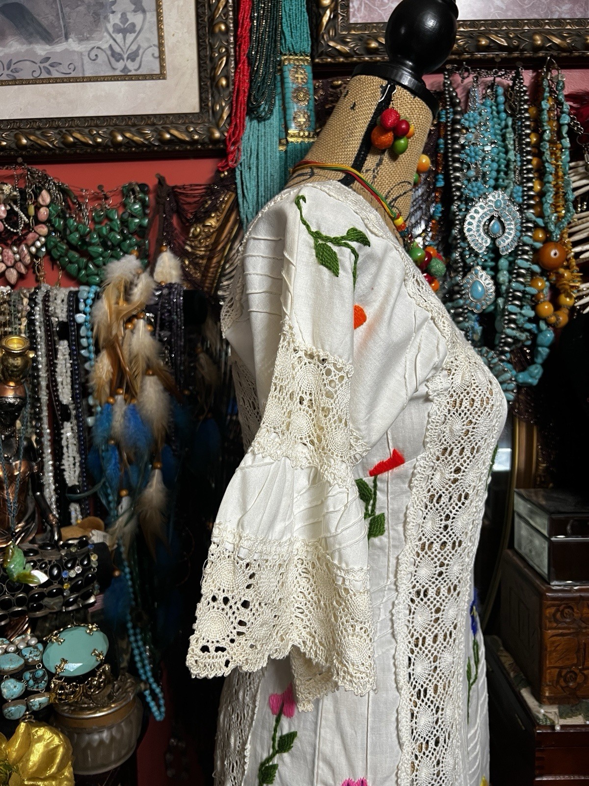 Beautiful White Pin tuck With Multi Color Embroidery & Ivory Crochet Dress S/M