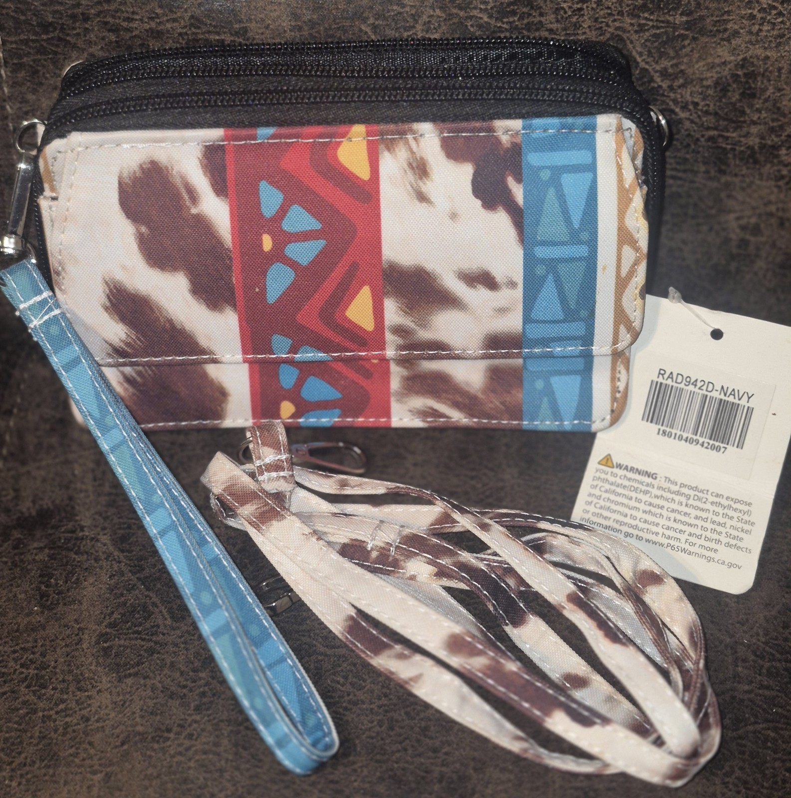 Zip-Around Wristlet Wallet Multicolor Southwestern Cow Print Credit Card Folding