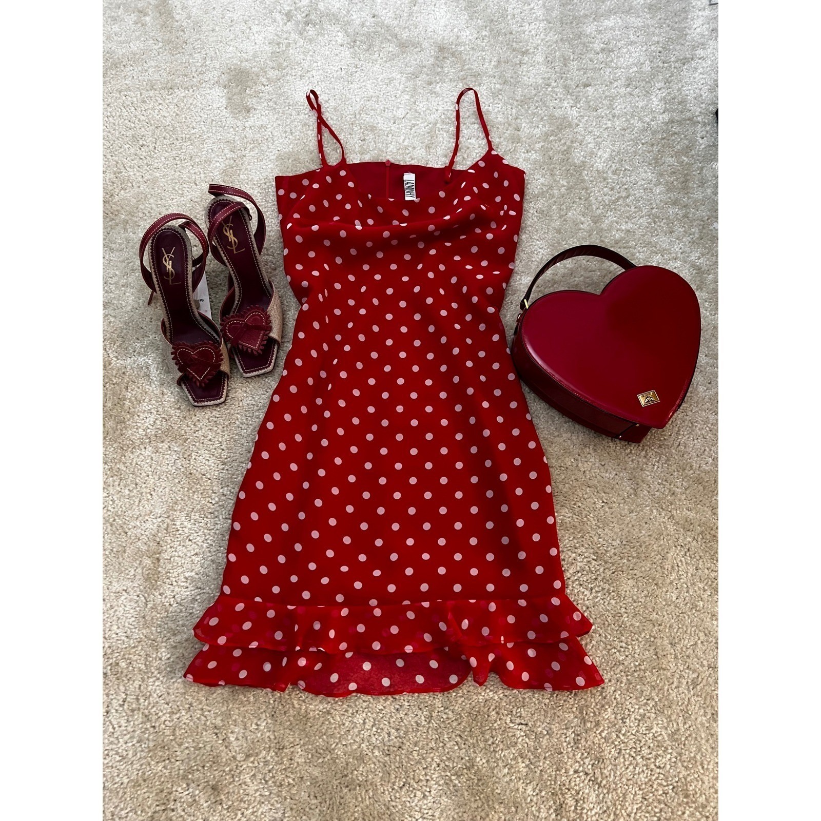 VTG Laundry Shelli Segal Cherry Red Polka Dot Y2K Mini Slip Dress Sz 2 Pinup