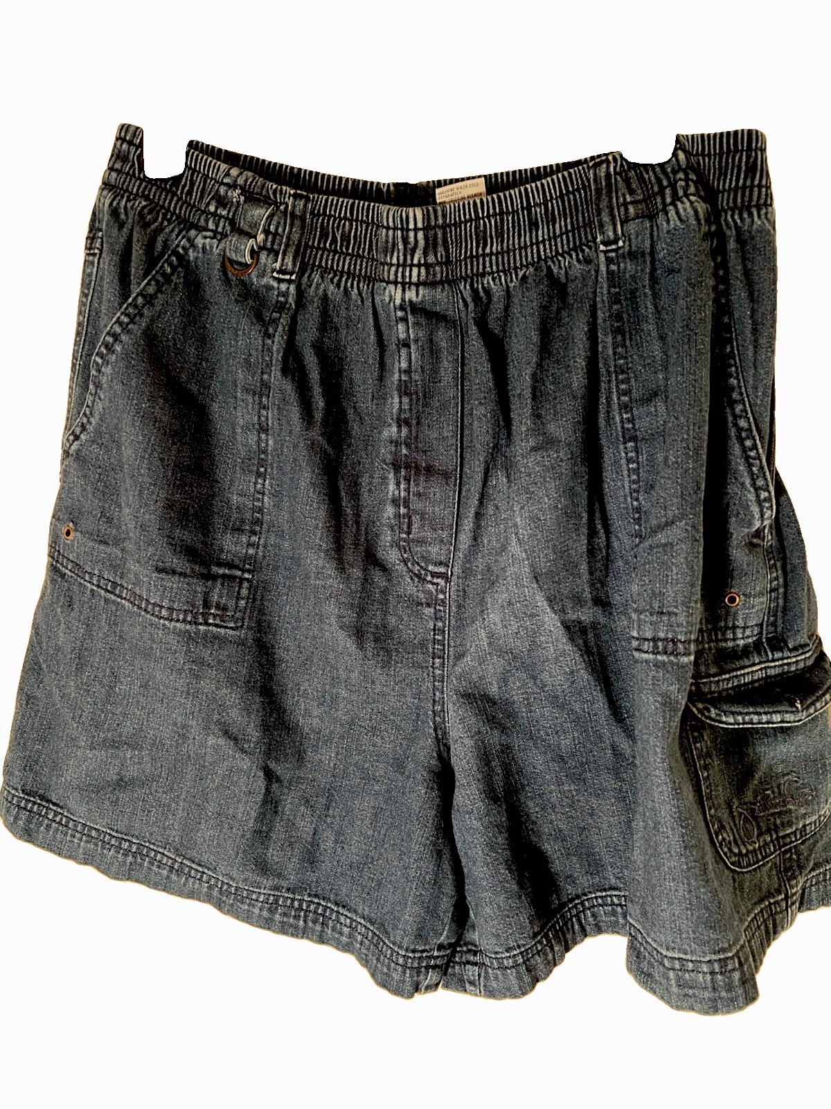Jonathan Logan Blue Denim Cargo Shorts Women’s L Elastic Waist 5″ Inseam
