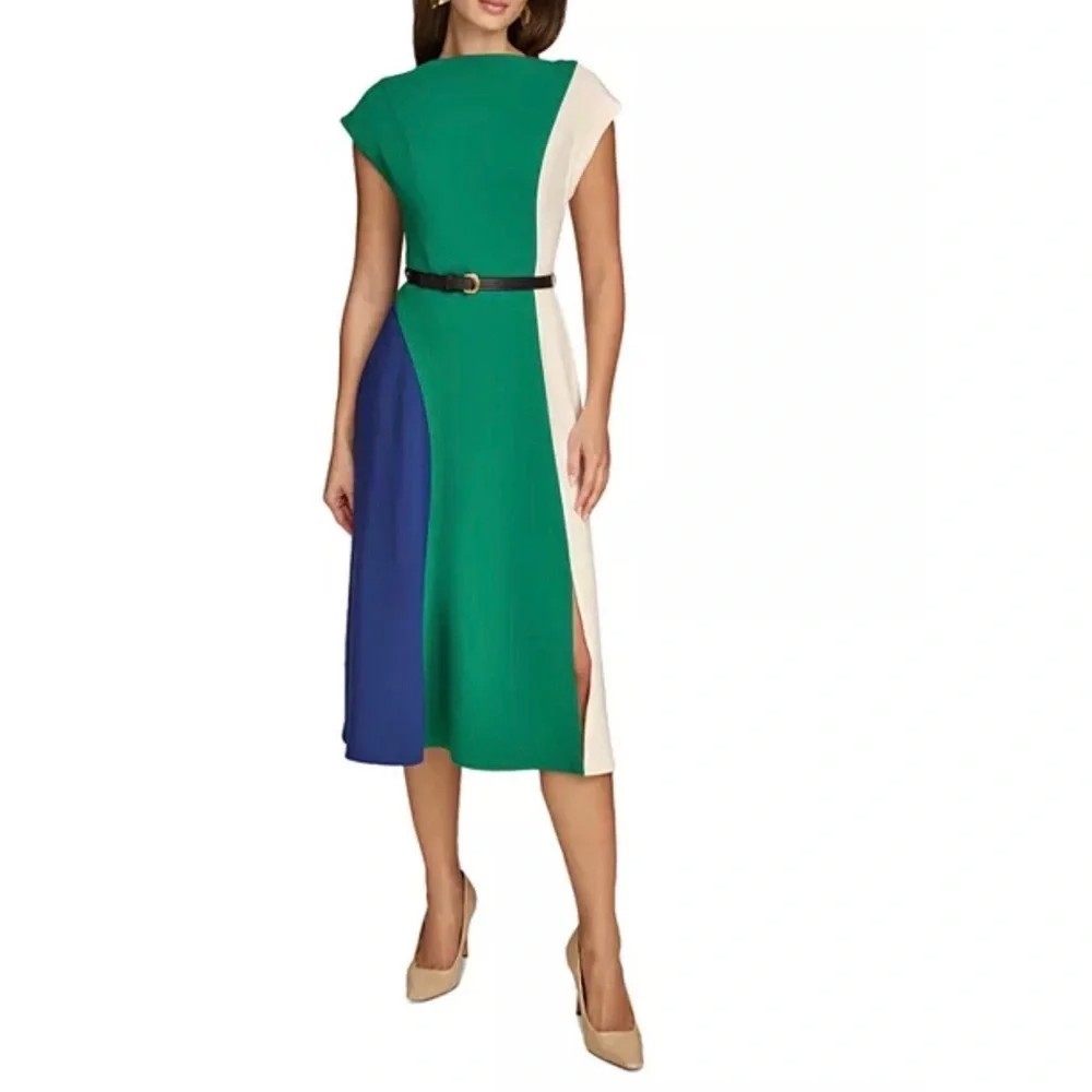 Donna Karan Women Dress Size 10 Color Block Cap Sleeve Boat Neck Midi New
