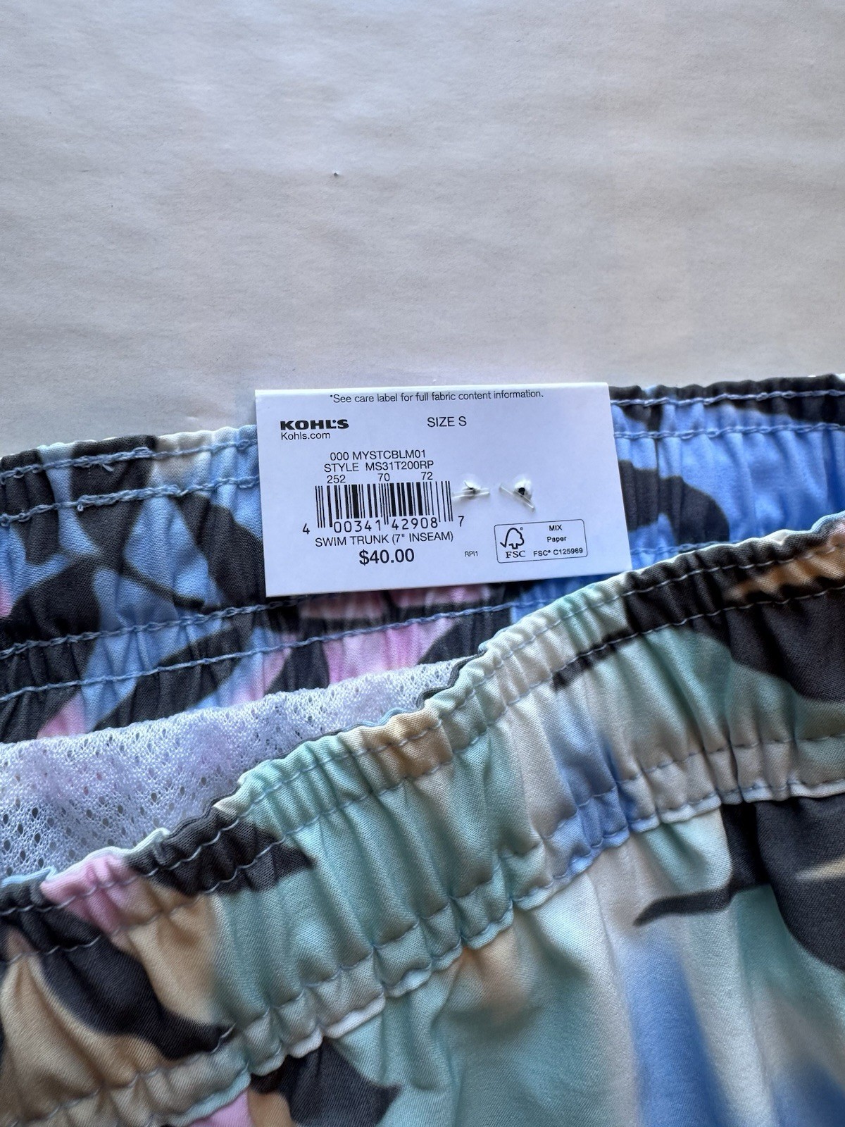 Sonoma Men’s Swim Trunks – Floral Multicolor – Small – Drawstring Pockets Beach