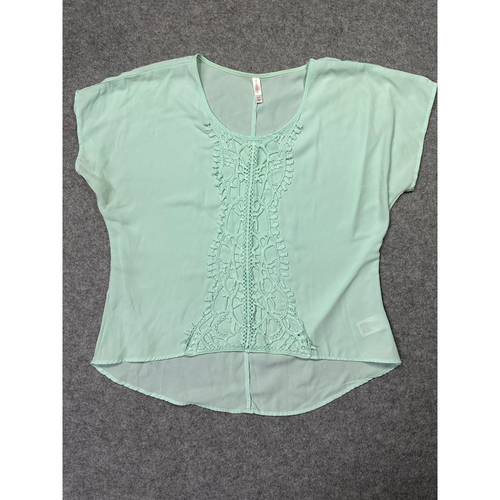 Xhilaration Mint Green Crochet Lace Chiffon Blouse Womens Large High Low Top